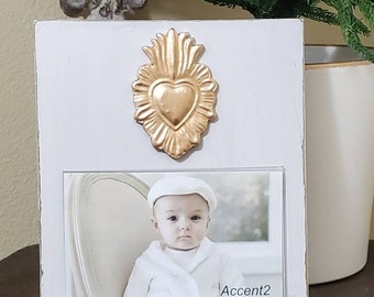 Handmade Wood Frame Painted Silver Mink Distressed With A Gold Leaf Sacred Heart - Wedding - Baby - Baptism - House Warming Gift.