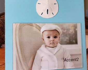 Handmade Picture Frame - 4x6 Photo - Peacock Blue with White Sand Dollar - Coastal - Beach Trip