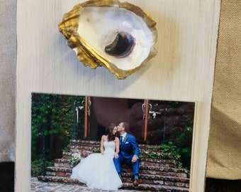 Oyster With Gold Leaf on Handmade Wood Frame - Painted and Distressed Old White - Coastal - Gift - Beach For 4x6 Photo.