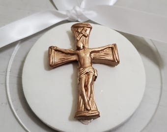 White & Gold Jesus Crucifix Ornament: Acrylic Hanger, Religious Gift