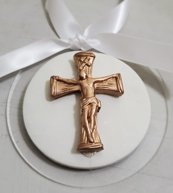 White & Gold Jesus Crucifix Ornament: Acrylic Hanger, Religious Gift