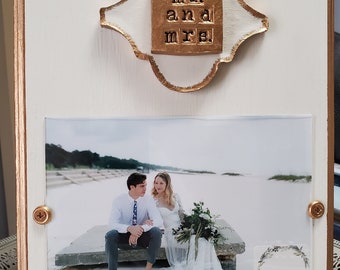 Gold Gilded Tile With Mr. And Mrs. Hold a 5x7 Photo Painted Oyster White Wedding Gift - Bridal Shower Gift