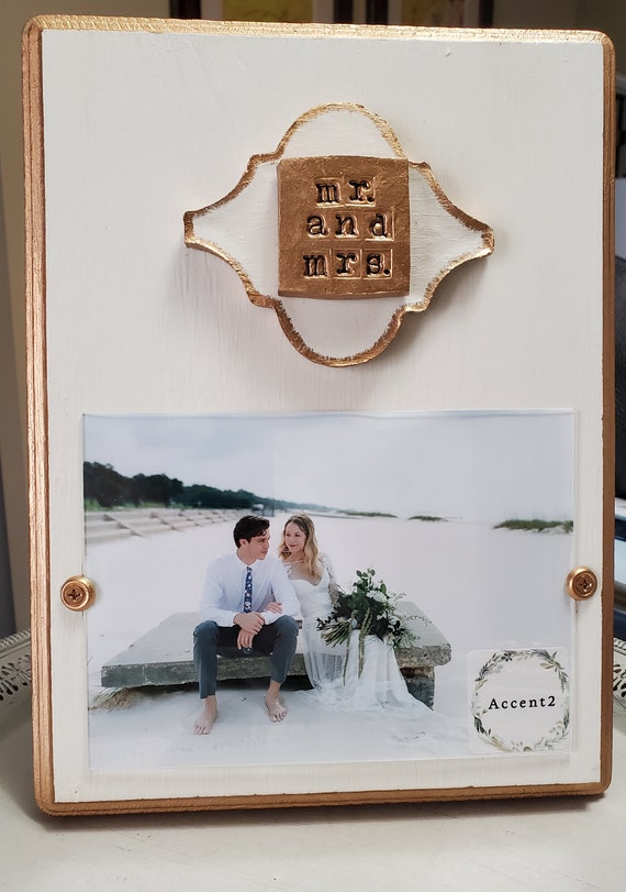 Gold Gilded Tile With Mr. And Mrs. Hold a 5x7 Photo Painted Oyster White Wedding Gift - Bridal Shower Gift