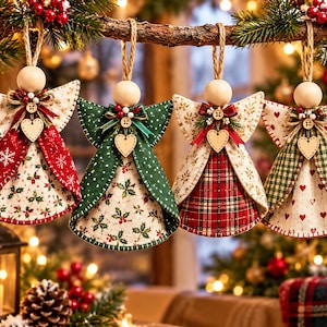 Peut inclure: Quatre décorations suspendues en forme d'ange avec des têtes en perles de bois, des ailes en tissu et des corps coniques. Chaque ange est orné d'un petit cœur en bois, d'un bouton et de motifs festifs comme du houx, du tartan et des cœurs rouges.