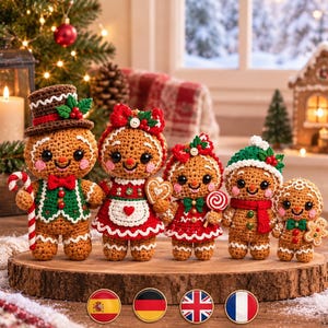 May include: A set of five crocheted gingerbread figures in varying sizes, featuring festive accessories like hats, bows, and scarves, holding candy canes and cookies, arranged on a wooden slice with four circular flag pins below.