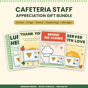 May include: A digital cafeteria staff appreciation gift bundle featuring four rectangular cards with illustrations of lunch trays, pizza, apples, and chef hats. The text includes CAFETERIA STAFF APPRECIATION GIFT BUNDLE, THANK YOU, BEHIND THE SCENES, and SERVED WITH LOVE.