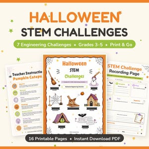 May include: A set of printable Halloween STEM challenge activity sheets for grades 3-5. The documents feature orange and black text, illustrations of a broom, ghost, spider web, catapult, haunted house, monster, and maze, plus teacher instructions.