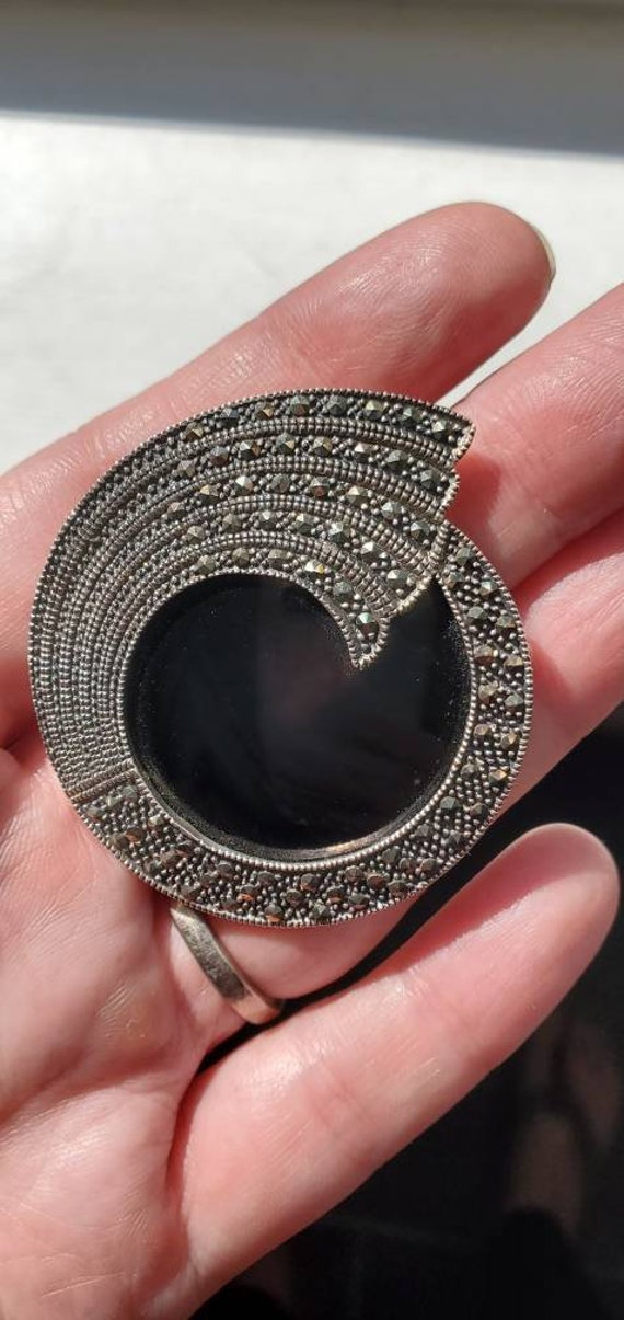 Marcasite, onyx and sterling silver pin