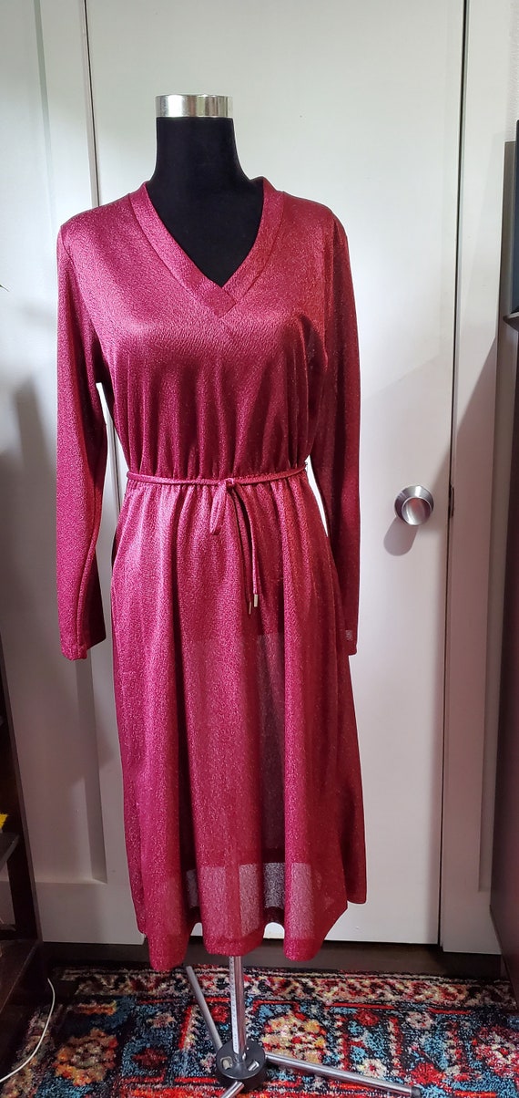 Vintage 1970s glittery belted v-neck midi dress