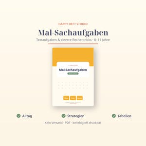 Puede incluir: Un cuaderno de ejercicios educativo digital titulado Mal-Sachaufgaben de Happy Heft Studio, diseñado para niños de 8 a 11 años. La portada presenta un diseño en amarillo y blanco con texto, problemas matemáticos y tablas de cálculo.