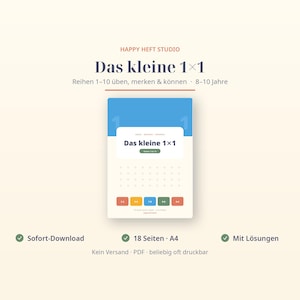 May include: A digital educational workbook titled Das kleine 1x1 from Happy Heft Studio, featuring a blue and cream cover with multiplication tables for ages 8-10. The design includes a grid of dots and five colorful rectangular buttons at the bottom.