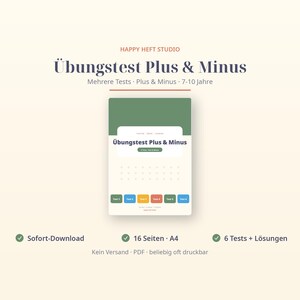 Könnte beinhalten: Ein digitales Übungsheft mit dem Titel Übungstest Plus & Minus von Happy Heft Studio. Das Cover zeigt einen grünen oberen Bereich, ein weißes Mittelfeld mit dem Titel und sechs farbige rechteckige Schaltflächen, beschriftet von Test 1 bis Test 6.