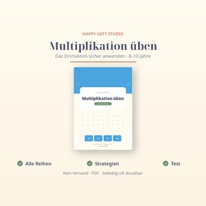 Práctica de multiplicación para 2.º y 3.º de primaria – Todas las tablas combinadas, estrategias + prueba | Hoja de ejercicios de matemáticas en PDF: tablas de multiplicar - Prueba de nivel en alemán