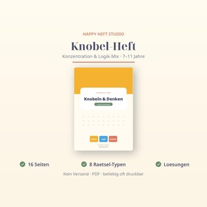 Peut inclure: Un livret d'activités numérique intitulé Knobel-Heft par Happy Heft Studio, avec une couverture jaune et blanche portant le texte Knobeln & Denken. Le livret comprend 16 pages, 8 types de puzzles et des solutions, conçu pour les 7-11 ans.
