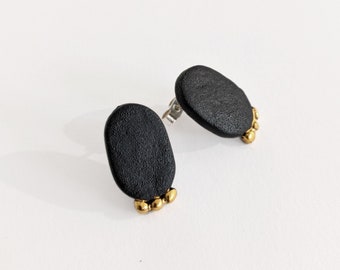 ANTIQUE black and gold porcelain stud earrings