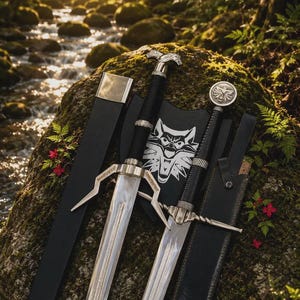 May include: Two metal swords with black wrapped handles and silver-toned crossguards, accompanied by two black leather scabbards. One sword features a wolf head pommel, while the other has a circular emblem depicting a stylized wolf head.