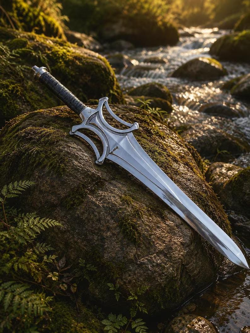 May include: A silver-colored metal sword with a double-edged blade and a pointed tip. The hilt features a complex, curved crossguard design and a black wrapped handle with a metallic pommel at the end, resting on a mossy rock surface.