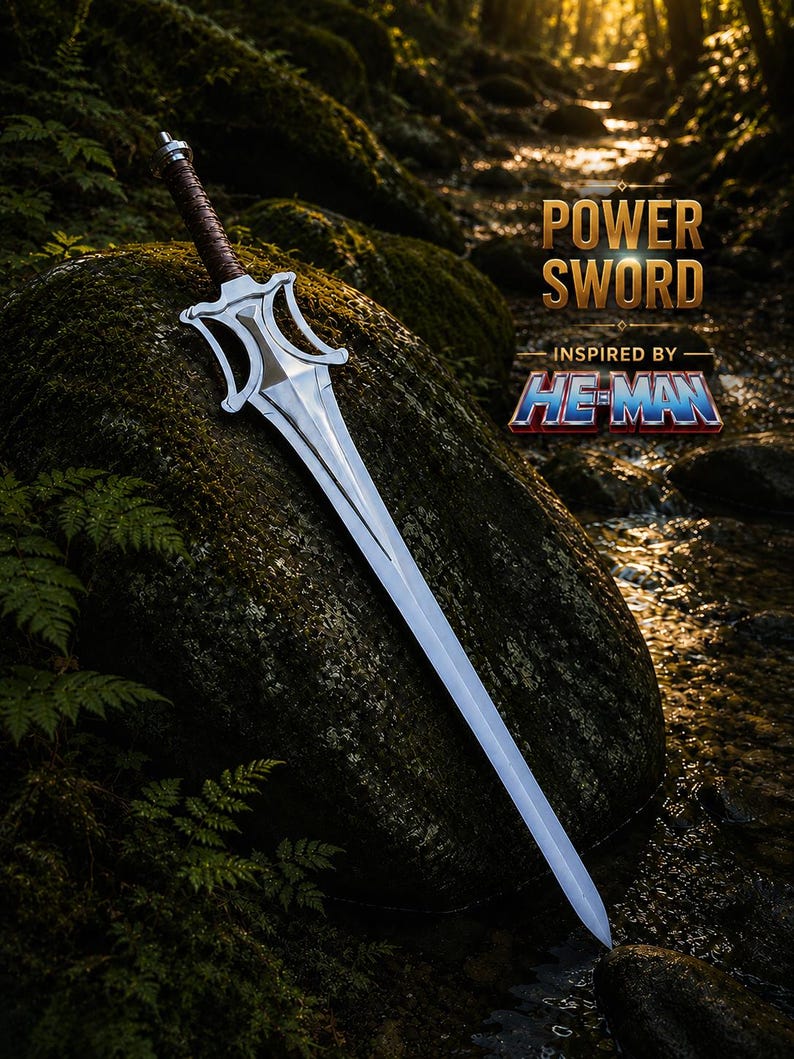 May include: A silver-colored metal sword with a brown wrapped handle and a distinctively shaped crossguard. The blade is long and pointed. Text on the image reads: POWER SWORD INSPIRED BY HE-MAN. The sword is positioned against a large mossy rock.