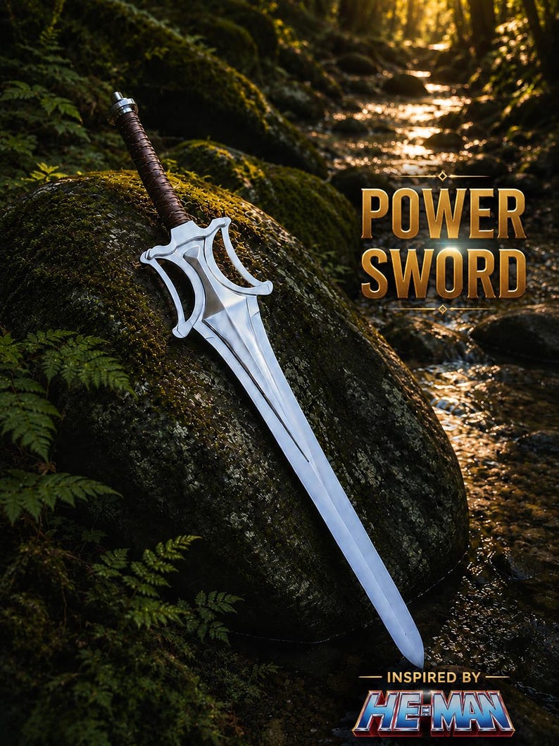 May include: A silver-colored sword with a brown wrapped handle and a distinctively shaped guard. The blade features a central ridge and tapers to a point. Text on the image reads POWER SWORD and INSPIRED BY HE-MAN in blue and red lettering.