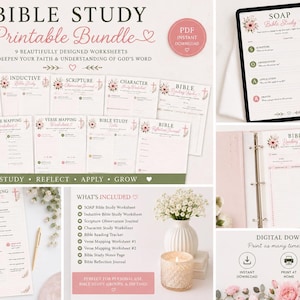 Può includere: Un set di fogli di studio biblico stampabili composto da nove schede con decorazioni floreali e testo rosa. Il pacchetto include pagine SOAP, induttive, di scrittura, di personaggi, di mappatura dei versetti, un tracker e un diario.