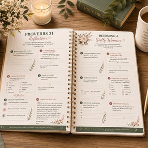 May include: A spiral-bound devotional journal open to pages titled Proverbs 31 Reflection and Becoming a Godly Woman. The pages feature numbered prompts, checkboxes, and floral illustrations in a soft color palette with printed text throughout.