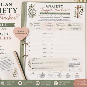 May include: A Christian Anxiety Trigger Tracker bundle featuring faith-based worksheets with a cross illustration, botanical accents, and text including Philippians 4:6. The document includes sections for situation, feeling, thought, and biblical response.