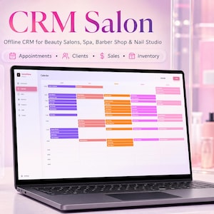 Op de afbeelding: Een laptop met een CRM Salon software-interface in kalenderweergave. Het scherm toont tekst waaronder CRM Salon, Offline CRM for Beauty Salons, Spa, Barber Shop & Nail Studio, Appointments, Clients, Sales en Inventory.