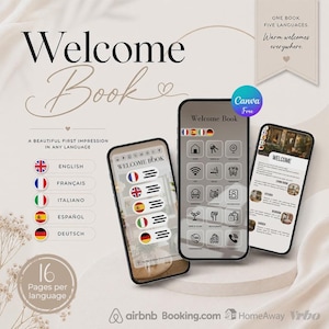 Libro di benvenuto Airbnb multilingue modificabile su Canva | Guida digitale interattiva per affitti brevi, 5 lingue