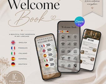 Libro de bienvenida Airbnb multilingüe editable en Canva | Guía digital interactiva para alquiler vacacional, 5 idiomas
