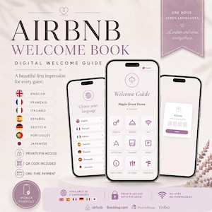 Puede incluir: Un libro de bienvenida digital de Airbnb en tres teléfonos inteligentes. La pantalla muestra un menú de selección de idioma, una guía para Maple Grove Home con iconos de check-in, wifi y transporte, y una pantalla de acceso con código PIN.