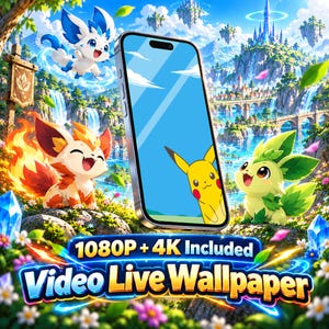 May include: A smartphone displaying a yellow character on its screen, surrounded by animated creatures in a fantasy landscape. The text 1080P + 4K Included Video Live Wallpaper is displayed in bold blue and yellow lettering at the bottom of the image.