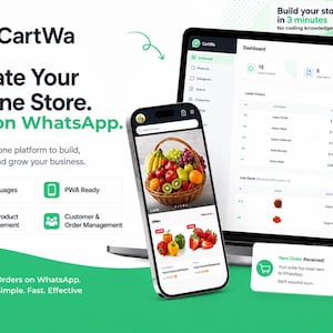 May include: A digital marketing graphic for CartWa featuring a laptop and smartphone displaying an e-commerce dashboard and store interface. The text reads Create Your Online Store. Sell on WhatsApp, Build your store in 3 minutes, and New Order Received.