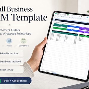 Può includere: Un modello CRM per piccole imprese visualizzato su uno schermo di un tablet, con una dashboard che mostra dati di vendita, elenchi clienti e tracciamento ordini. L'interfaccia include sezioni per fatture e follow-up tramite WhatsApp.