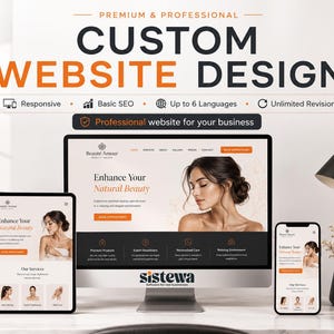 Peut inclure: Un affichage numérique présentant un service de conception de site web personnalisé avec le texte CUSTOM WEBSITE DESIGN, Responsive, Basic SEO, Up to 6 Languages, Unlimited Revisions et Professional website for your business sur écran.