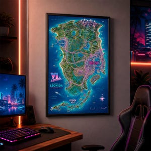 GTA VI Fan Art Poster, Vice City Map Art for Gamer Room, Printable Digital Download