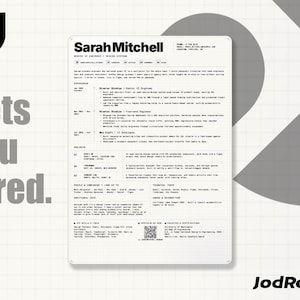 Può includere: Un modello di curriculum professionale per Sarah Mitchell, ingegnere del design, caratterizzato da un layout pulito basato su una griglia con sezioni per esperienza, progetti e competenze. Il documento include un codice QR, contatti e testo.