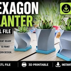 May include: Three light gray 3D printed hexagon planters with green succulents, each resting on a bright blue hexagonal tray. The image features text including HEXAGON PLANTER, STL FILE, 3D PRINT READY, EASY TO PRINT, and MODERN DESIGN.