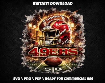 May include: A digital graphic design featuring a red football helmet with a gold facemask, a brown football, and the text 49ERS in bold red letters. The background includes a stadium scene with bright lights and a field with the number 50.