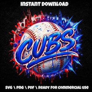 Puede incluir: Un gráfico digital que muestra una pelota de béisbol con costuras rojas frente a la silueta de una ciudad. La palabra CUBS está escrita en letras grandes y azules con estilo de pintura que gotea. Salpicaduras de pintura roja y azul y rayos rodean el diseño central.