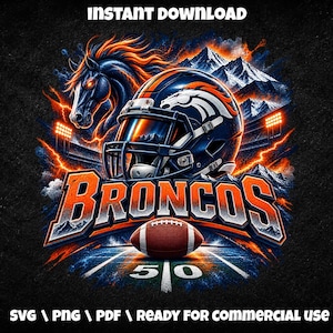 Puede incluir: Un gráfico digital que muestra un casco de fútbol americano azul oscuro con un logo de caballo naranja, una cabeza de caballo estilizada y montañas nevadas. El texto BRONCOS aparece en naranja y blanco, con un balón y el número 50.
