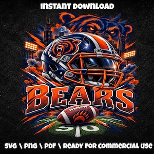 Pode incluir: Uma ilustração gráfica apresentando um capacete de futebol americano azul-escuro e laranja com um logotipo de urso, uma bola com uma pegada de urso e o texto BEARS em letras laranja. O fundo mostra um campo de estádio e luzes de estádio.