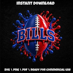 Puede incluir: Un gráfico digital que muestra un balón de fútbol americano dividido verticalmente en mitades azul y roja con cordones blancos. La palabra BILLS aparece centrada en letras de bloque azules con bordes blancos sobre salpicaduras de pintura.