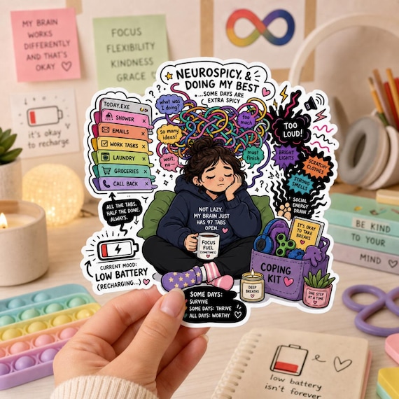 Neurospicy Low Battery Sticker  ADHD Sensory Overload Vinyl Decal  Mental Health Cozy Art