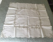 Vintage Fine Linen Table Cloth Hand Embroidered Floral Madeira 41 in. X 42 in.