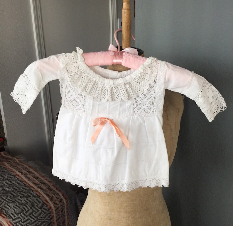 FRENCH VICTORIAN Baby Doll GOWN Dress Summer White Pink Ribbon Eyelit Lace