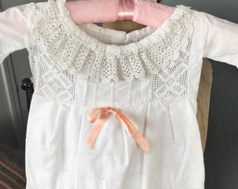 FRENCH VICTORIAN Baby Doll GOWN Dress Summer White Pink Ribbon Eyelit Lace