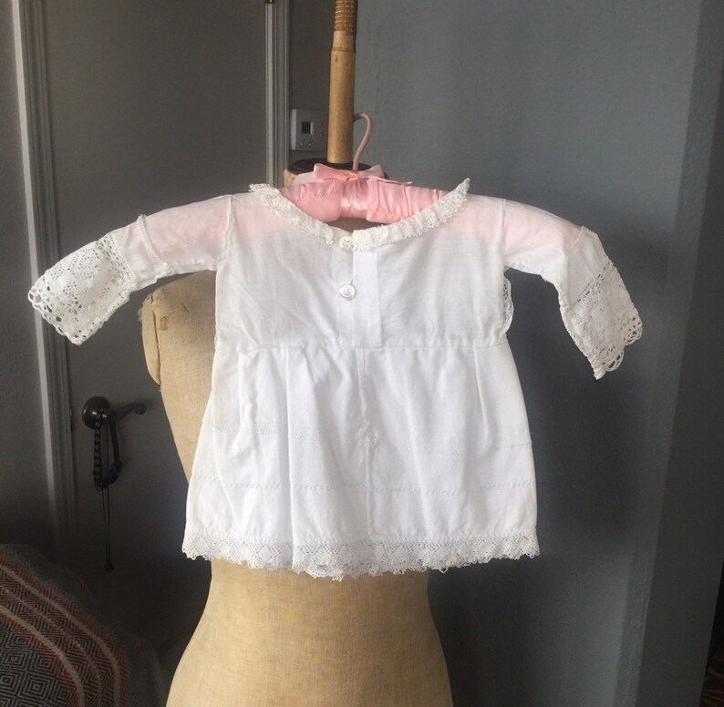 FRENCH VICTORIAN Baby Doll GOWN Dress Summer White Pink Ribbon Eyelit Lace