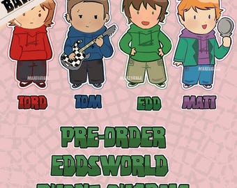 May include: Four cartoon character stickers labeled Tord, Tom, Edd, and Matt. Tord wears a red hoodie, Tom a blue hoodie with a checkered guitar, Edd a green hoodie, and Matt a green jacket over a purple hoodie holding a mirror. Text reads BATCH 2, PRE-ORDER EDDSWORLD PHONE CHARMS.