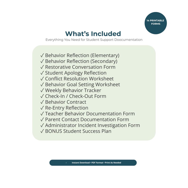 Puede incluir: Un documento digital que enumera 14 formularios imprimibles para el apoyo estudiantil, incluyendo reflexi&oacute;n sobre el comportamiento, conversaci&oacute;n restaurativa, reflexi&oacute;n de disculpa, resoluci&oacute;n de conflictos, establecimiento de metas y seguimiento.
