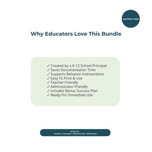 Puede incluir: Un gr&aacute;fico informativo digital titulado Why Educators Love This Bundle con un c&iacute;rculo azul verdoso que indica Multiple Uses. Un cuadro verde claro enumera ocho beneficios marcados para el personal escolar y una barra azul verdosa.